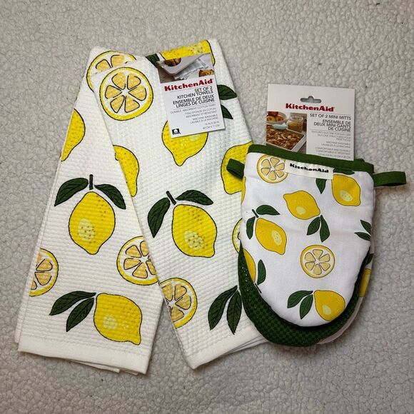 KitchenAid Lemon Kitchen Linen Set 4 Pieces (2 Towels 2 Mitts) NWT - Picture 1 of 7